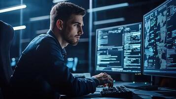 A young man in a dark suit working at a computer in a dimly lit office with multiple monitors displaying complex data and charts. photo