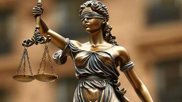 A statue of Lady Justice holding a balance scale in her hands, standing in front of a blurred building with a brown facade. photo