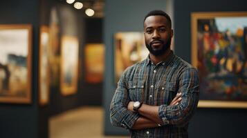 A man standing in a gallery with a serious expression, wearing a plaid shirt, with a collection of paintings in the background. photo