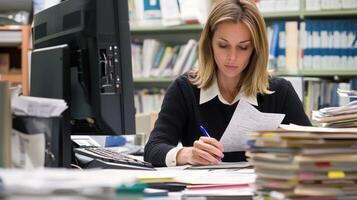 A woman in a black sweater and white shirt, working at a desk with a computer and documents in a library setting. photo