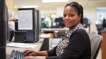A smiling woman with braided hair, wearing a black and white patterned top, working at a computer in a busy office with multiple desks and computers in the background. photo
