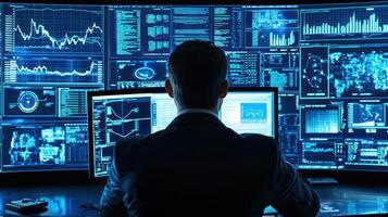 A man in a suit, seated at a desk, surrounded by a large array of computer monitors displaying various data and charts. photo