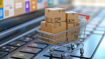 A shopping cart filled with cardboard boxes on a computer keyboard. photo
