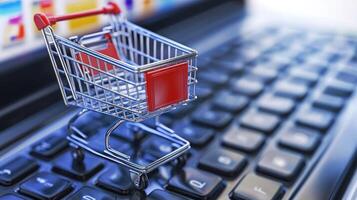 A miniature shopping cart with a red handle and a red basket on a computer keyboard. photo