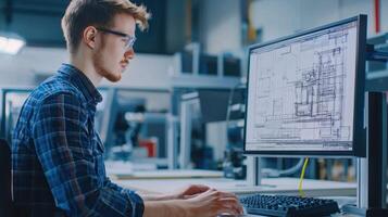 A young man wearing glasses, working on a computer in a well-lit industrial setting, focused on a technical drawing on the screen. photo