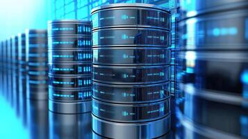 A row of computer servers with blue and black lights, in a blue and black setting with a blue and black background. photo