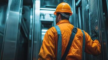 A man in an orange uniform and yellow hard hat is standing in a server room with a computer server in the background. photo