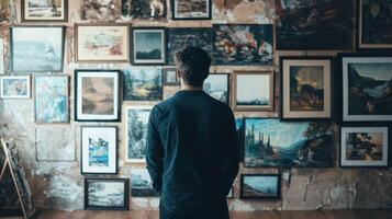 A man standing in front of a wall of paintings, looking at them with a contemplative expression. photo