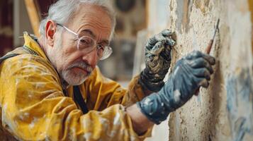 An elderly man wearing a yellow jacket and gloves, using a chisel to carve a piece of stone in a workshop setting. photo