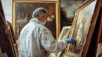 A man in a white protective suit and gloves is working on a painting in a studio, wearing a mask and gloves, with a large painting in the background. photo