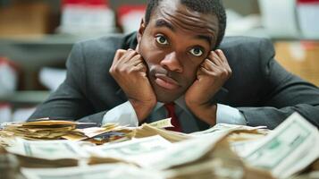 A man in a suit sitting at a desk with a stack of money in front of him. photo