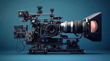 A professional camera with a large lens and various controls, set against a dark blue background. photo
