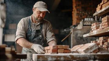 A man in a hat and apron working in a brick workshop, surrounded by a variety of bricks and tools. photo