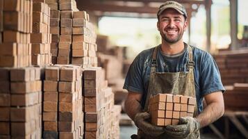 A smiling man in a blue shirt and hat, holding a stack of wooden blocks in a workshop with stacks of wooden blocks in the background. photo