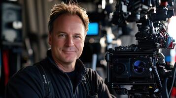 A man in a black jacket standing in front of a camera, with a large camera in the background. photo