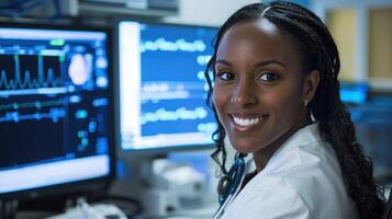 A female doctor in a white coat, smiling, with a stethoscope around her neck, standing in a medical office with multiple computer monitors in the background. photo
