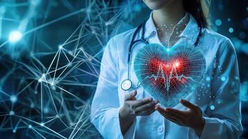 A medical professional holding a holographic heart with a red light in the center, surrounded by a network of interconnected lines and dots. photo