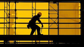 A construction worker wearing a hard hat and safety harness, working on scaffolding in front of a yellow and orange safety netting backdrop. photo