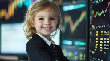 A young child in a suit standing in front of a computer monitor displaying financial charts. photo