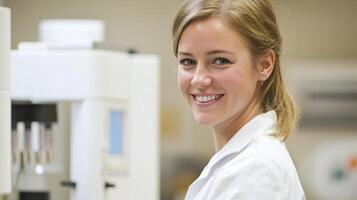 A female scientist in a lab coat, smiling, with a machine in the background. photo