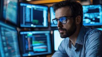 A man wearing glasses, sitting at a desk with multiple computer monitors in front of him, focused on coding or programming. photo
