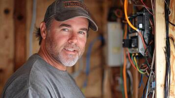 A man with a beard and mustache wearing a brown baseball cap, standing in front of a wall with electrical wiring and switches, smiling and looking at the camera. photo