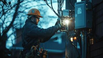 A utility worker in a hard hat and safety jacket, using a welding torch to repair electrical wires on a utility pole at dusk. photo