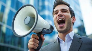 A man in a suit shouting into a megaphone in front of a modern office building. photo