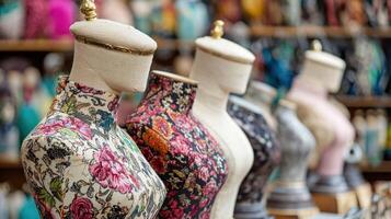 A row of colorful mannequins with floral patterns, standing in a store with a variety of clothing items in the background. photo
