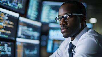 A focused businessman wearing glasses, seated at a desk with multiple computer monitors displaying data and charts, in a dimly lit office environment. photo