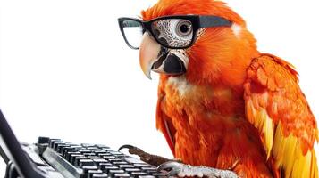 A colorful parrot wearing glasses, perched on a computer keyboard with a computer monitor in the foreground. photo