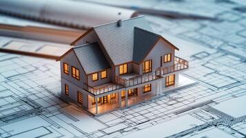 A miniature model of a house with a roof and windows, placed on top of architectural blueprints with a cityscape in the background. photo