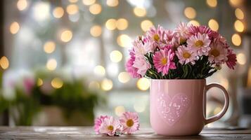 A pink mug with a heart on it, filled with pink flowers, sitting on a wooden table with a window in the background, emitting a warm glow. photo