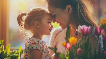 A young girl and her mother smiling and embracing in a vibrant, colorful setting with a window and flowers in the background. photo