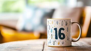 A white mug with a pattern of leaves and numbers 16 on a wooden table in a cozy living room with a blurred background of a couch and a window. photo