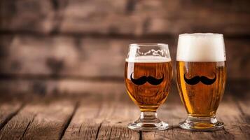 Two glasses of beer with mustache stickers on them, placed on a wooden table with a rustic background. photo