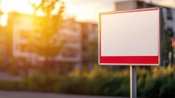 A blank white and red rectangular sign with a blurred cityscape in the background. photo