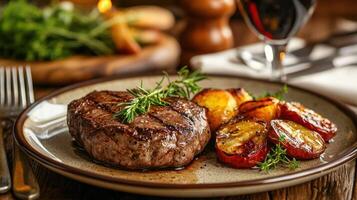 A plate of grilled steak with roasted potatoes and grilled apples on a rustic wooden table with a glass of red wine and a fork. photo
