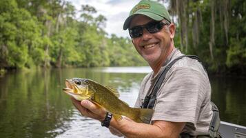A man holding a small fish in a river with lush green trees in the background. photo