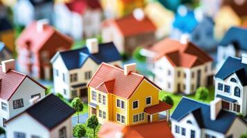 A colorful model of a city with various buildings, roads, and trees, set against a blurred background. photo