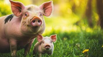 Two piglets standing in a grassy field with a blurred background. photo