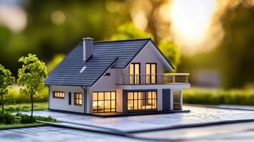 A miniature model of a house with a roof, windows, and a balcony, placed on a green lawn with trees in the background. photo