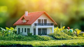A miniature model of a house with a red roof and white walls, surrounded by green grass and plants, set against a blurred green background with a sunlit area in the background. photo