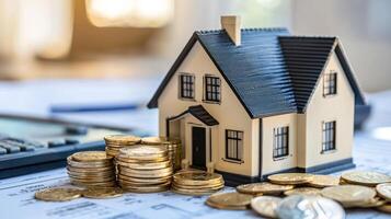 A miniature model house with a black roof and white walls, placed on a table with a stack of coins in front of it. photo