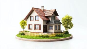 A miniature model of a house with a green roof and red tiles, situated on a circular base with grass and trees in the background. photo