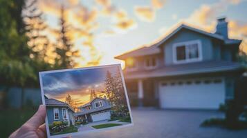 A hand holding a photograph of a house with a sunset in the background, in front of a blurred house with a driveway and trees. photo