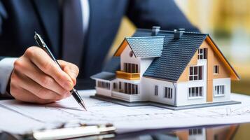 A man in a suit signing a document in front of a model house. photo