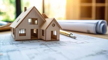 A wooden house model on a table with a blueprint in the background. photo