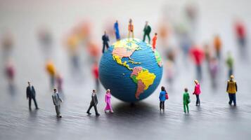 A miniature model of a globe with people standing on it, set against a blurred background. photo