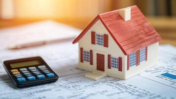 A toy house with a red roof and white walls, placed on a table with a calculator and papers in the background. photo